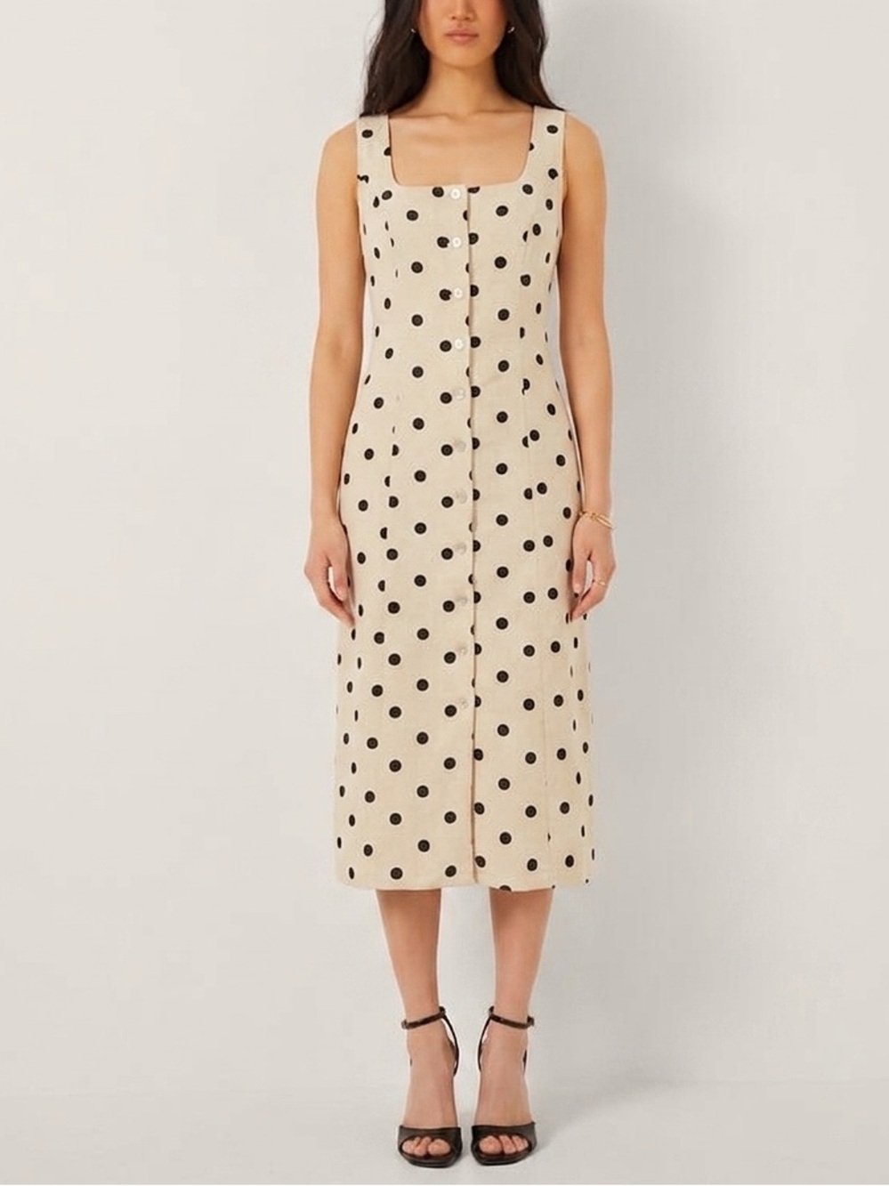 MONSOON Isabel Polka-Dot Linen Blend Midi Shift Dress Ivory & Black - Size Large